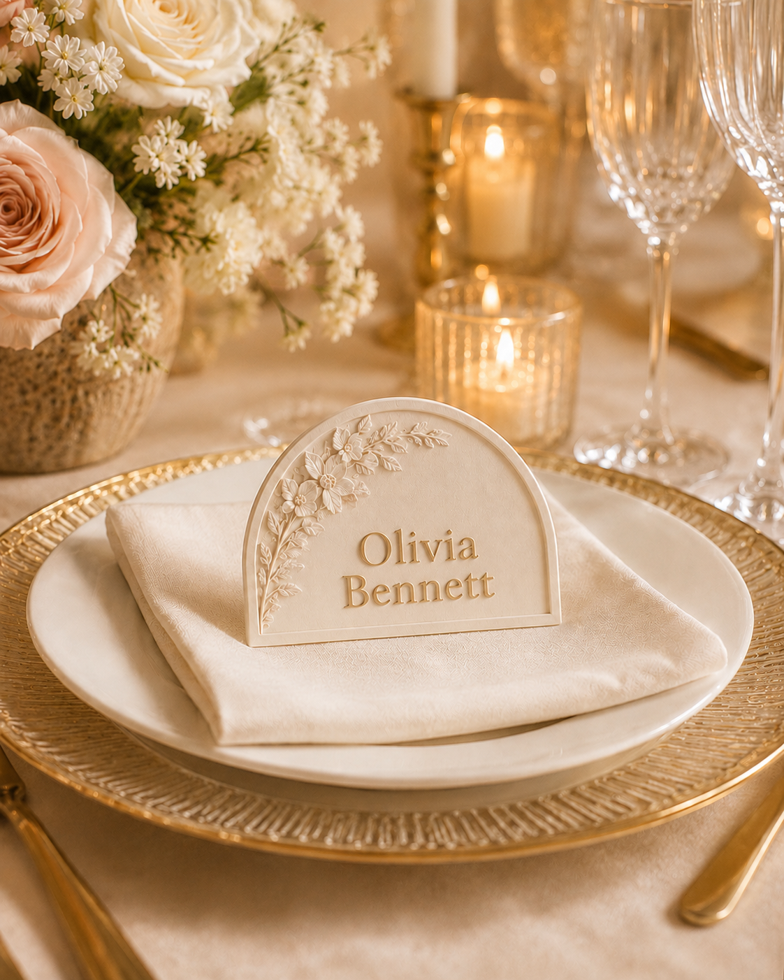 Elegant custom wedding place card on a dinner plate