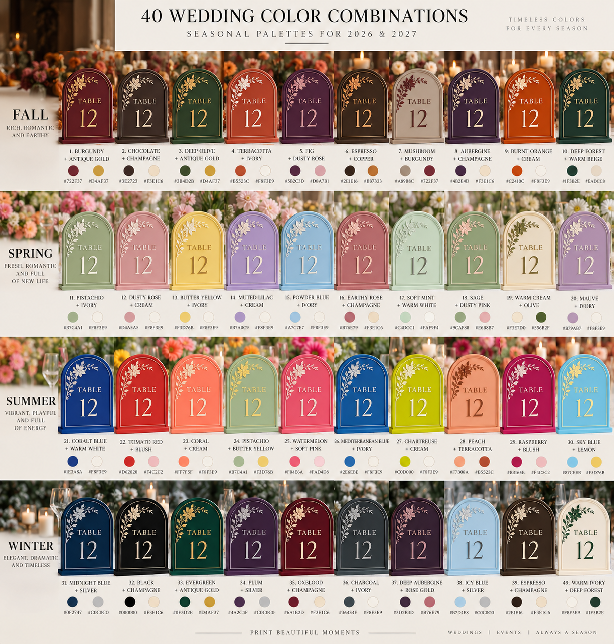Forty wedding color combinations organized into fall, spring, summer, and winter collections